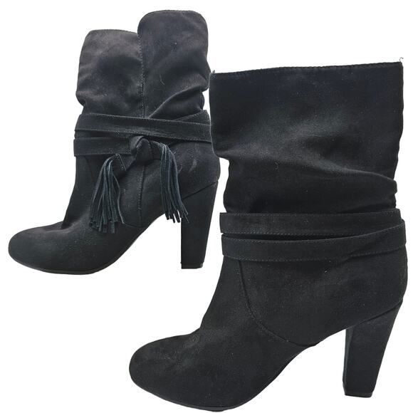 Express Womans size 6 Slouch Tassel Faux Suede Calf Boots Black Fabric 4" Heels - Picture 2 of 8